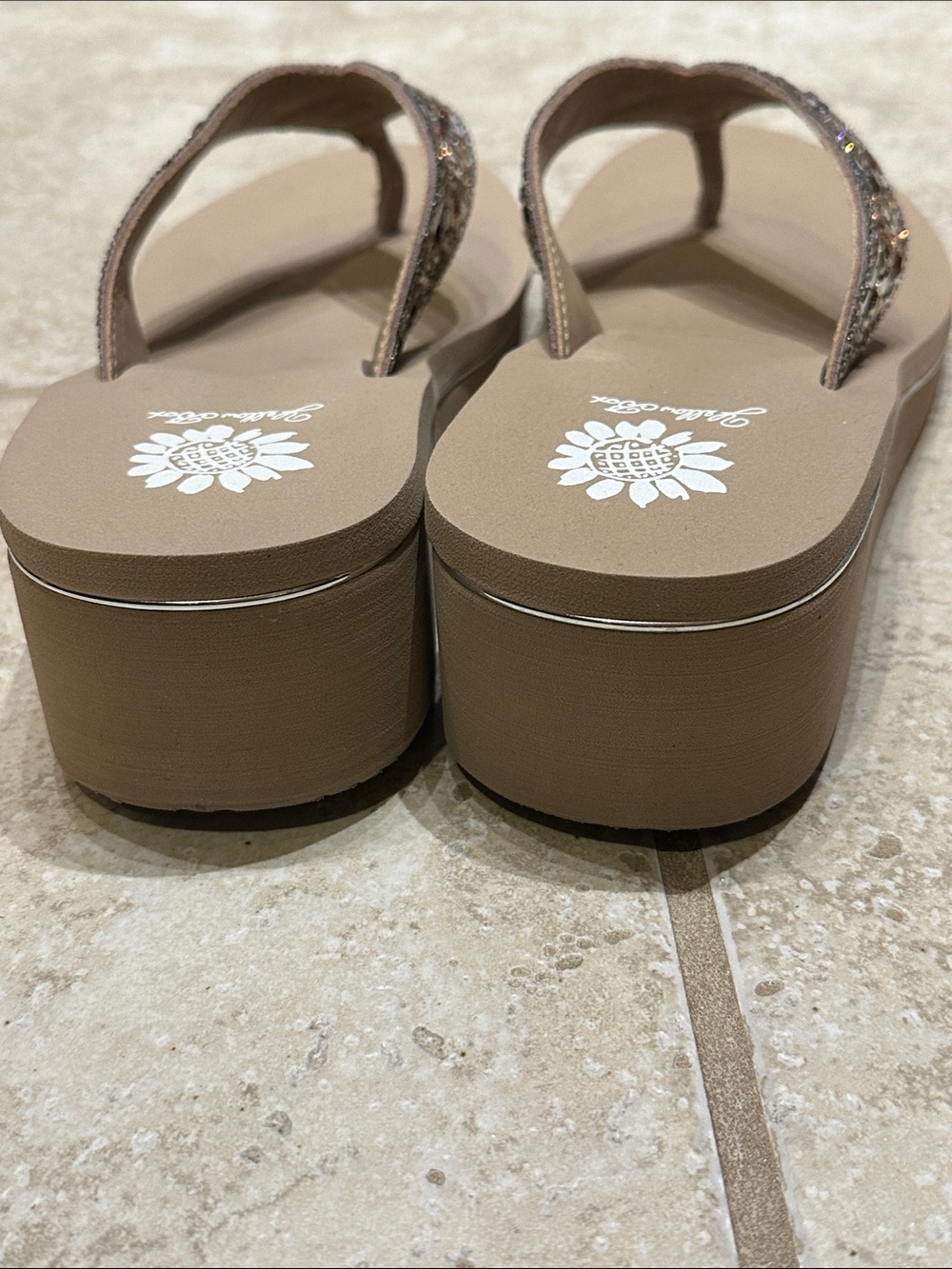 NWOT Yellow Box Taupe Jeweled Platform Flip Flops - Picture 4 of 9